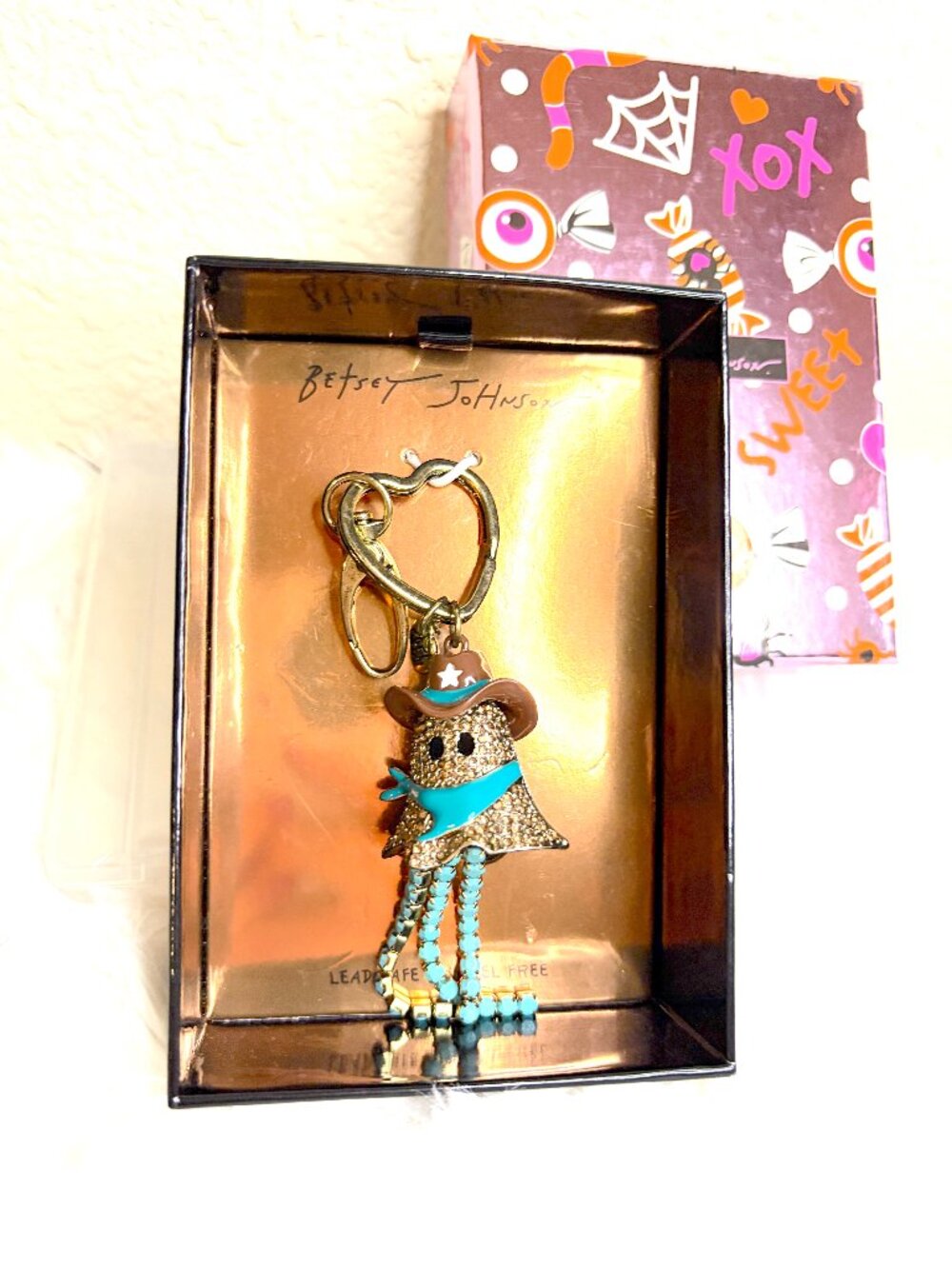 Betsey Johnson Ghost Cowboy Keychain Rhinestone Western Halloween Charm